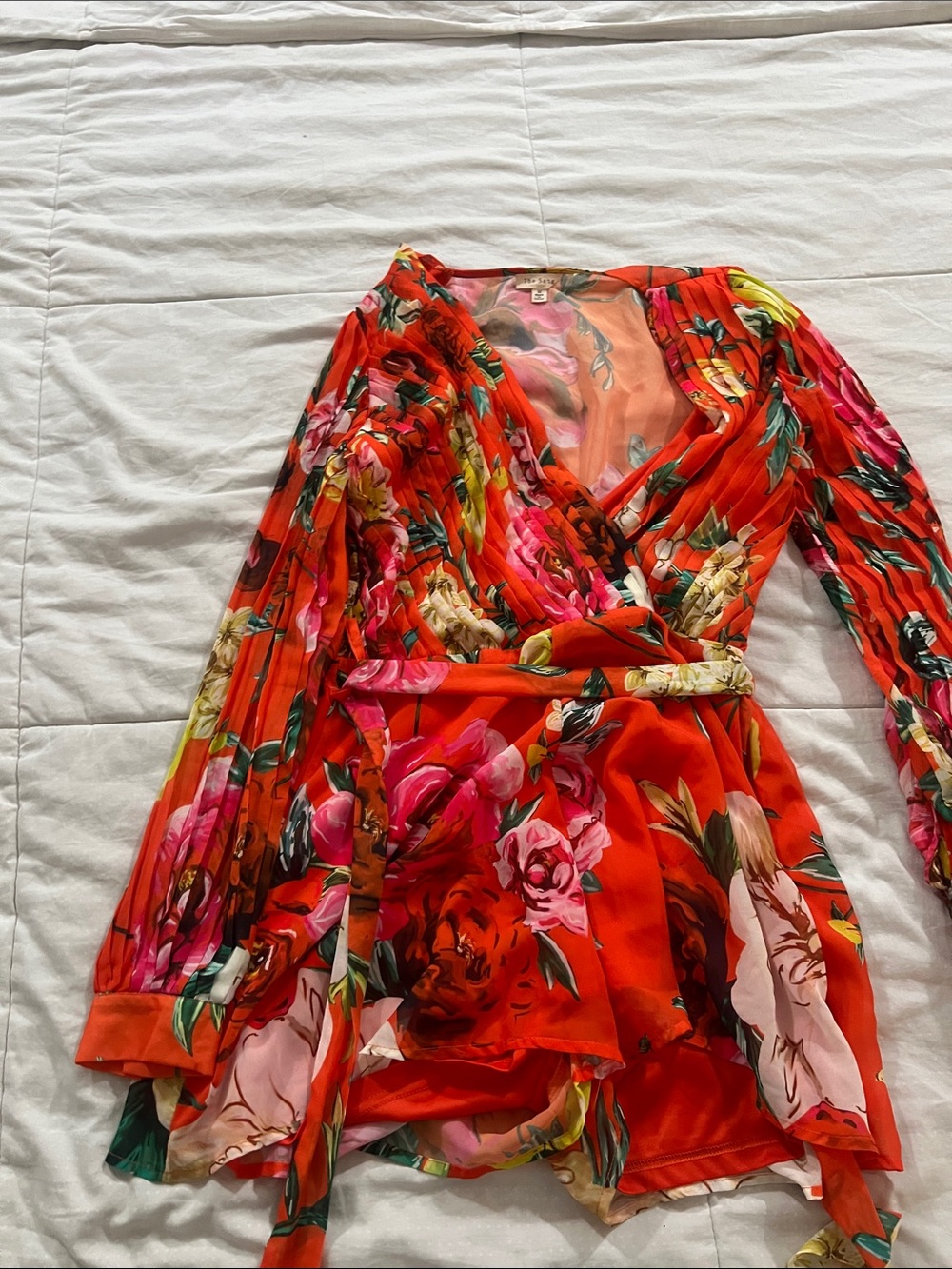 Red Floral Long-Sleeve Wrap Dress with Tie Waist